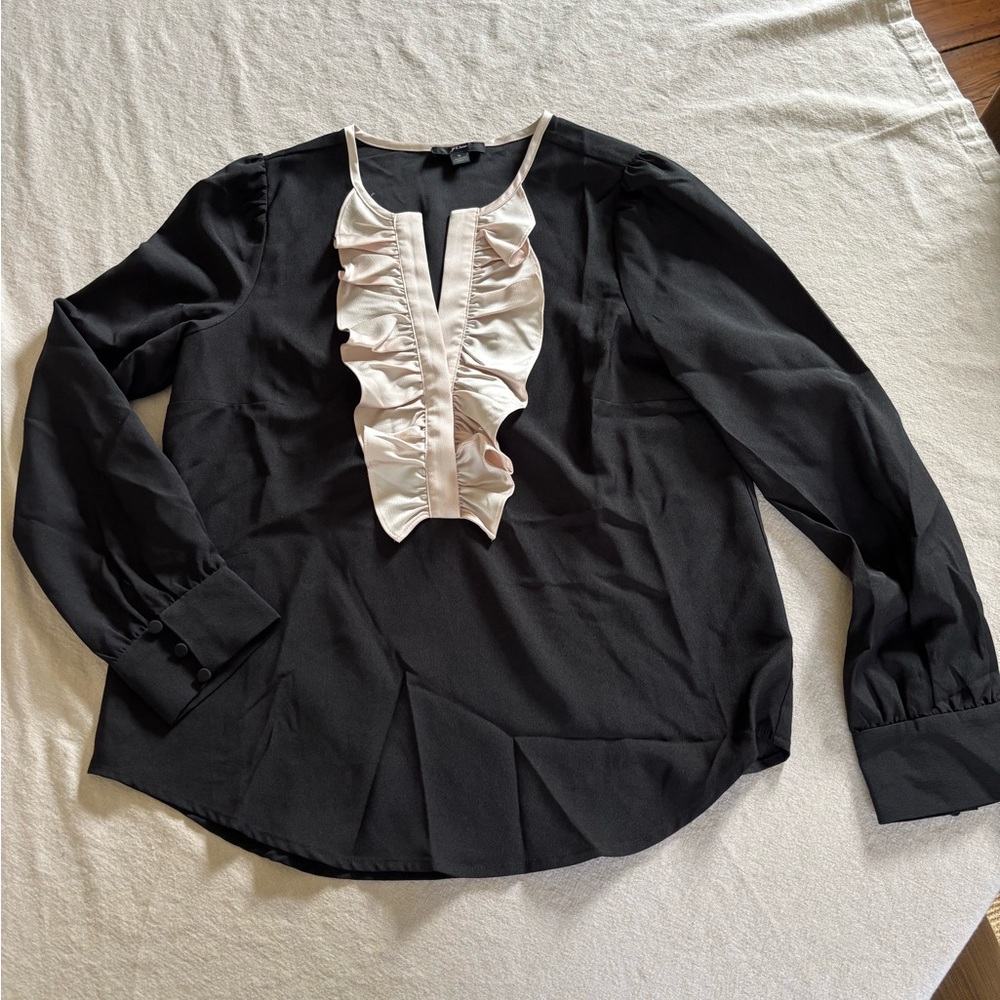 J. Crew Black Blouse with Cream Ruffle